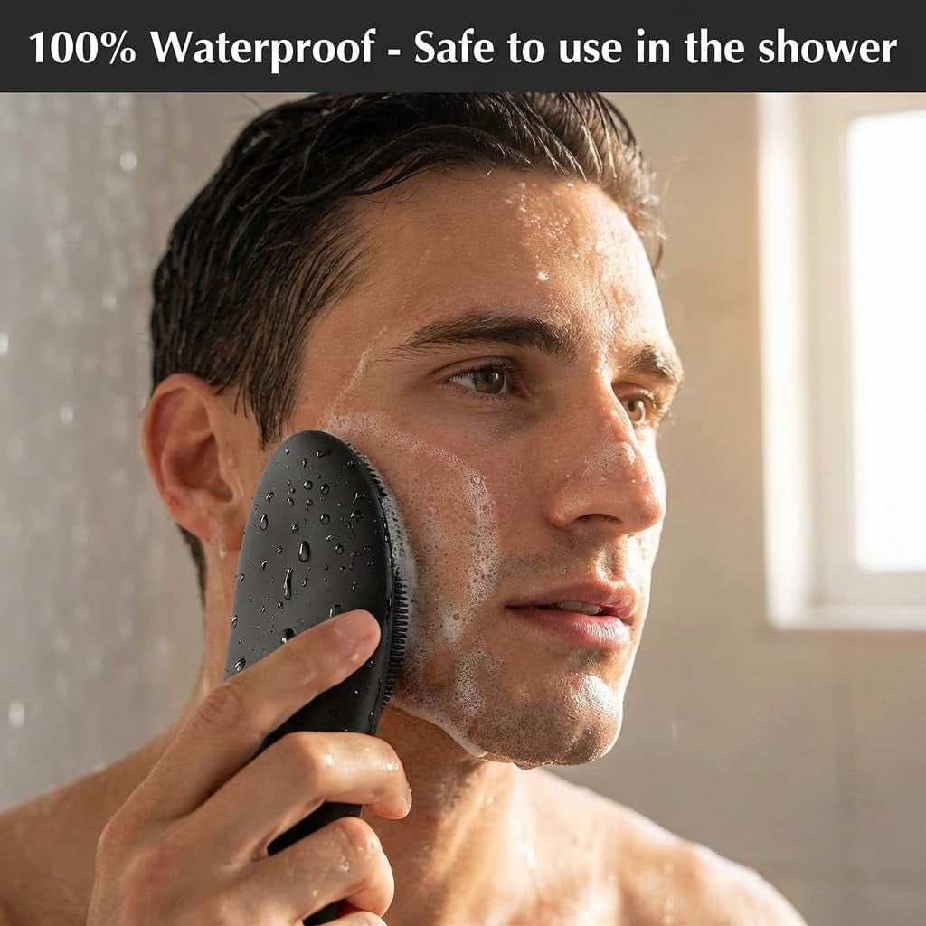 Electric Facial Cleansing Brush for Men, Mini Silicone Face Brush and Massager with 4 Cleaning and 1 Eye Protection Mode, IPX 7 Waterproof Face Scrubber for Exfoliating,Blackhead Removing (Black)