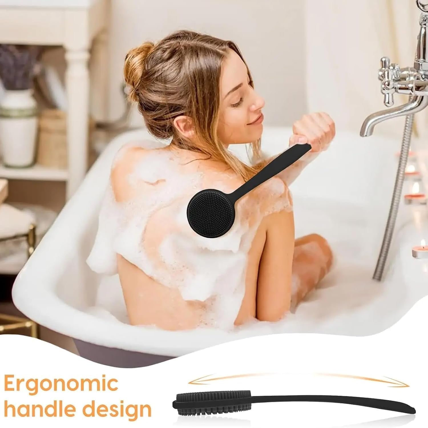 Silicone Back Scrubber for Shower 15In Long Handle Body Brush 2-Sided Exfoliating & Massage Brush Creates Rich Foam Long Handle Back Scrubber for Men and Women