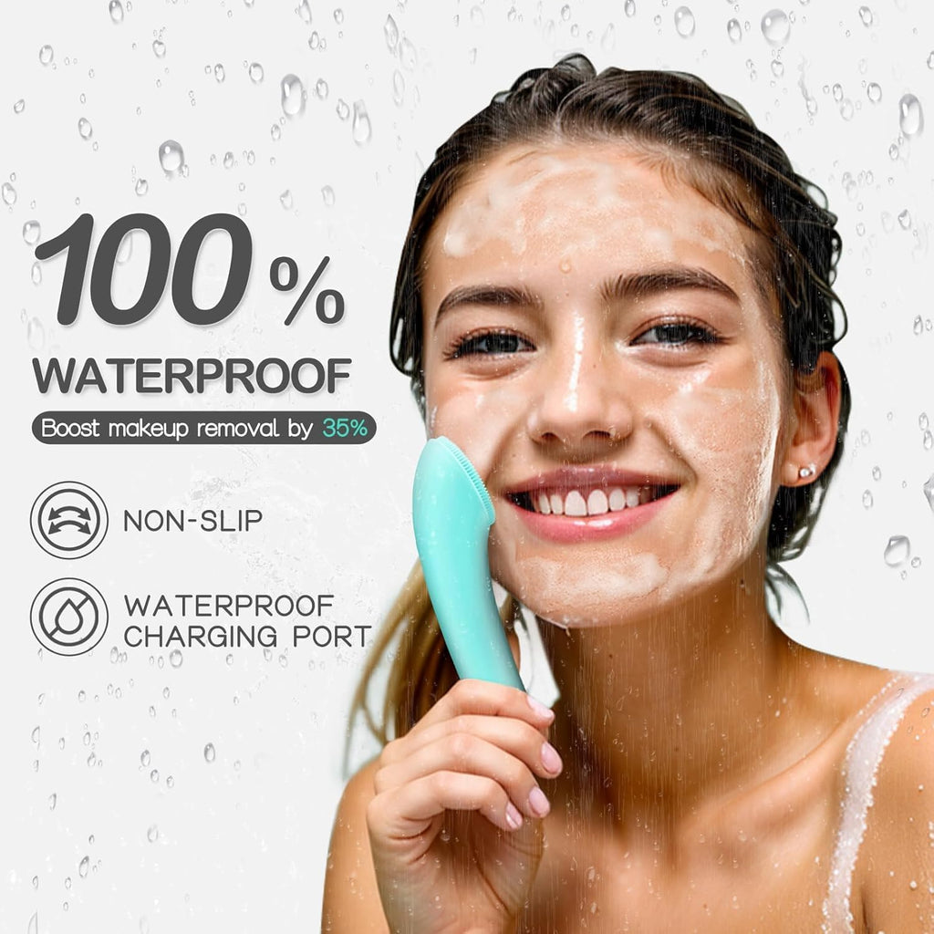 Silicone Face Scrubber, Rechargeable Facial Cleansing Brush with Heat Massage End, Vibrating Exfoliator Scrubber for Deep Cleaning, Waterproof Face Brush for Women and Men (Greenau)