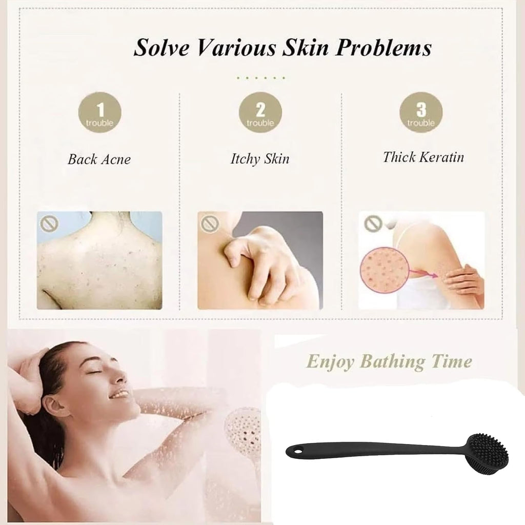 Silicone Back Scrubber for Shower 15In Long Handle Body Brush 2-Sided Exfoliating & Massage Brush Creates Rich Foam Long Handle Back Scrubber for Men and Women