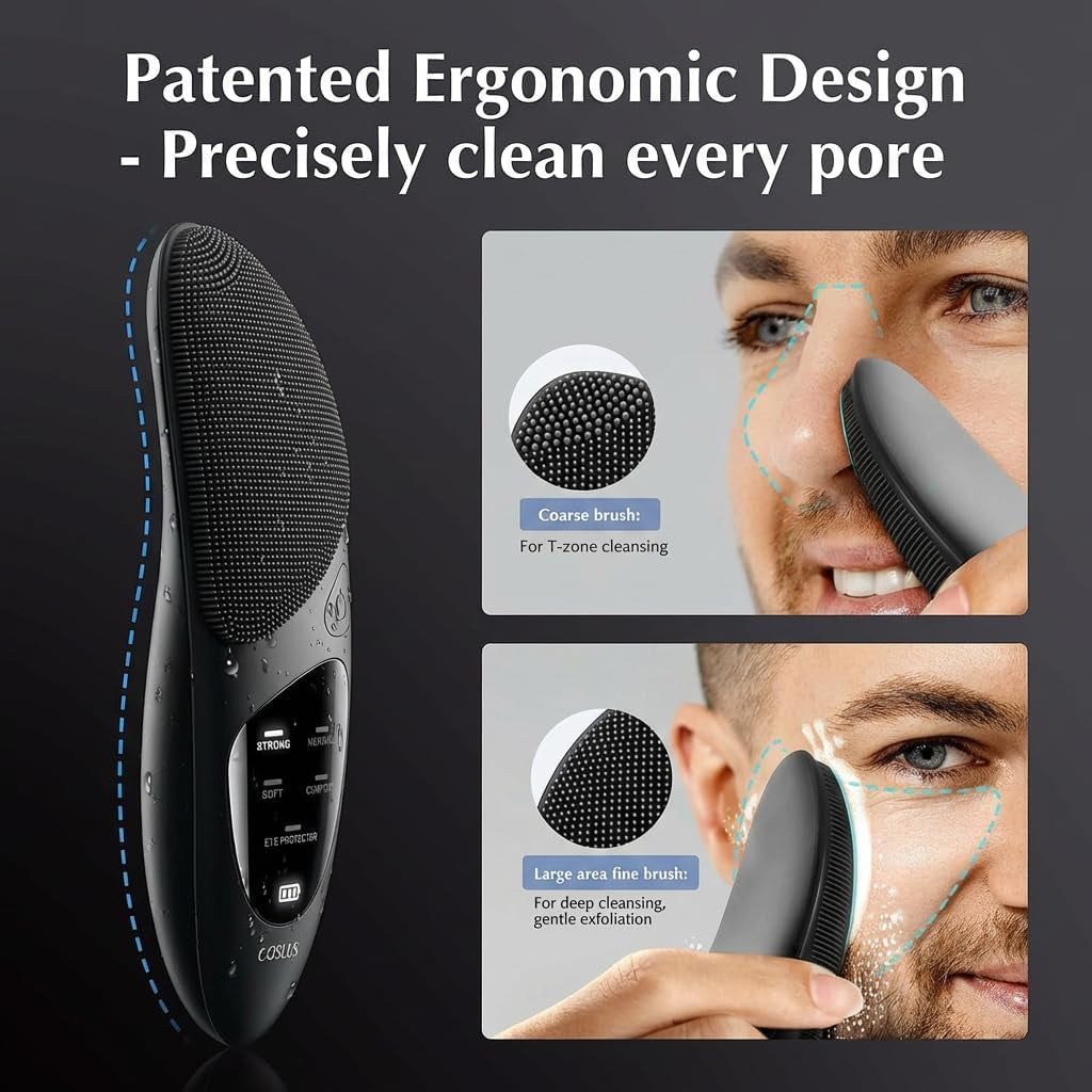 Electric Facial Cleansing Brush for Men, Mini Silicone Face Brush and Massager with 4 Cleaning and 1 Eye Protection Mode, IPX 7 Waterproof Face Scrubber for Exfoliating,Blackhead Removing (Black)