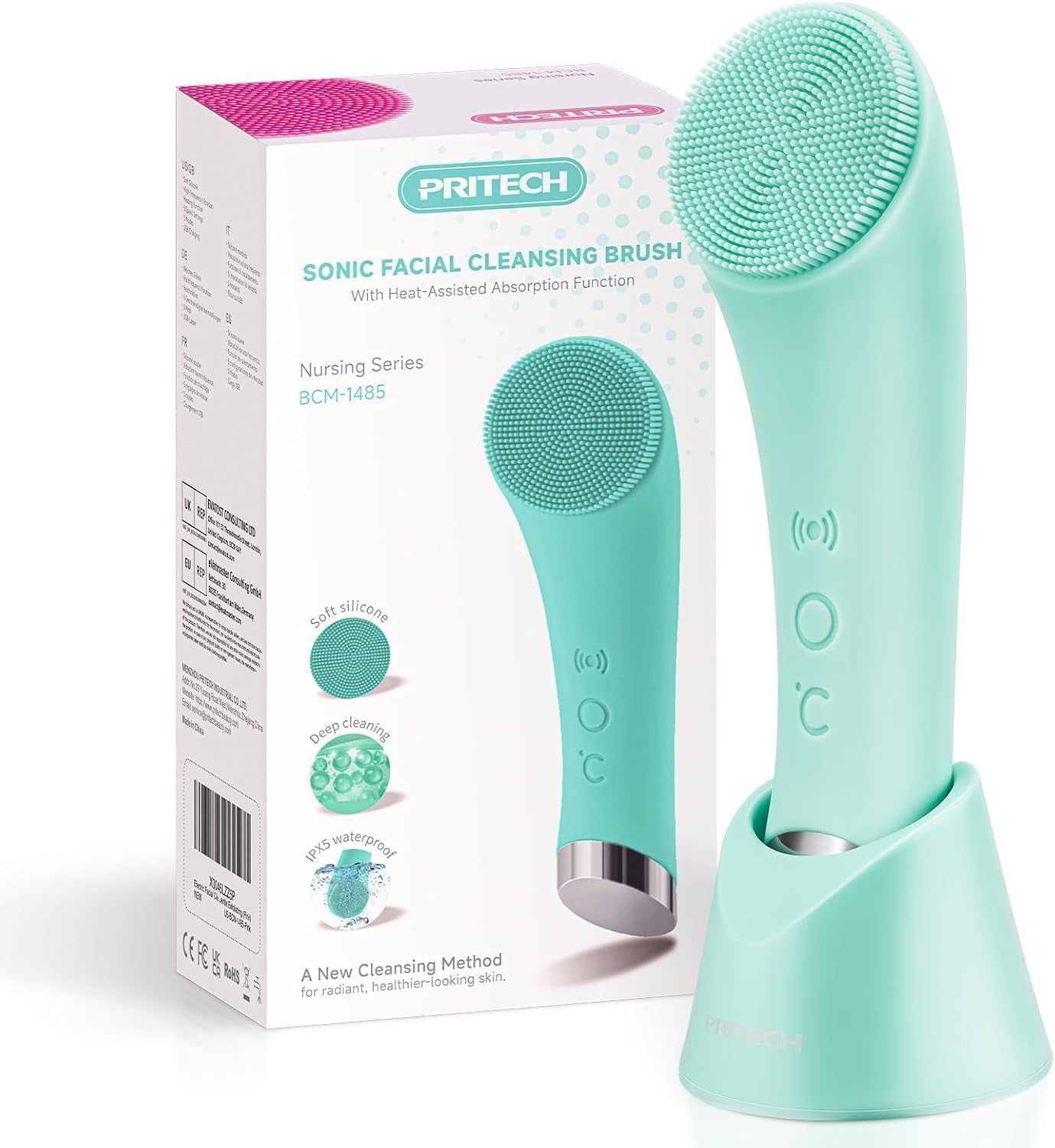 Silicone Face Scrubber, Rechargeable Facial Cleansing Brush with Heat Massage End, Vibrating Exfoliator Scrubber for Deep Cleaning, Waterproof Face Brush for Women and Men (Greenau)