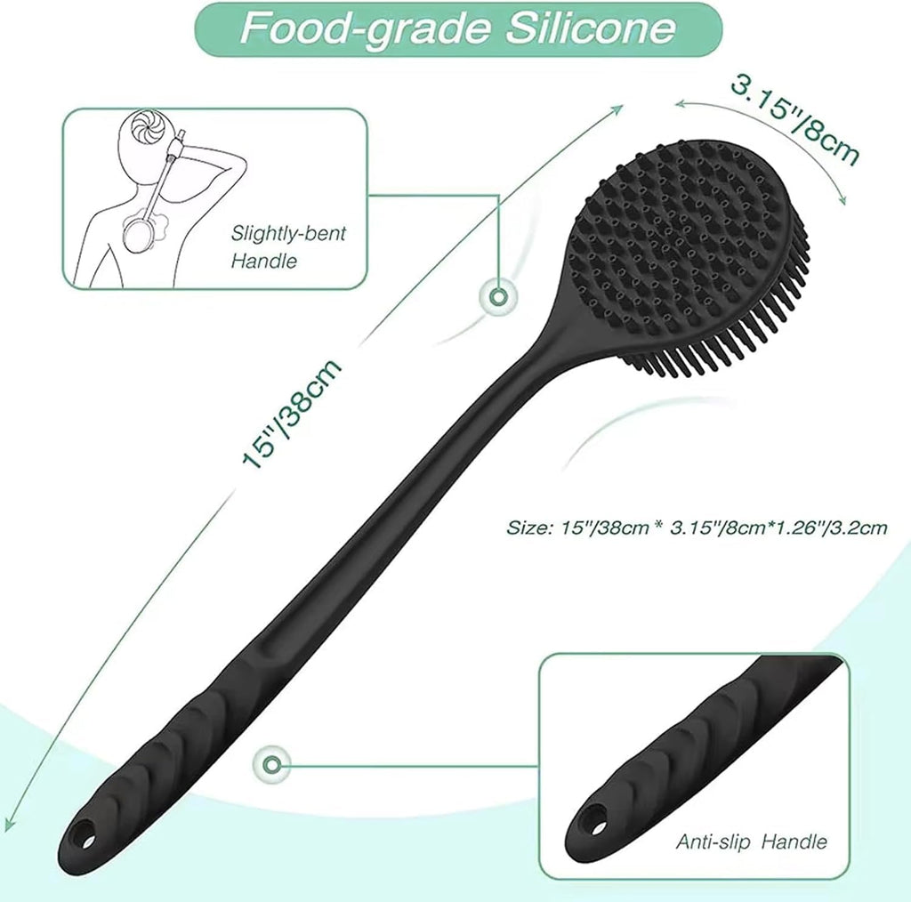 Silicone Back Scrubber for Shower 15In Long Handle Body Brush 2-Sided Exfoliating & Massage Brush Creates Rich Foam Long Handle Back Scrubber for Men and Women