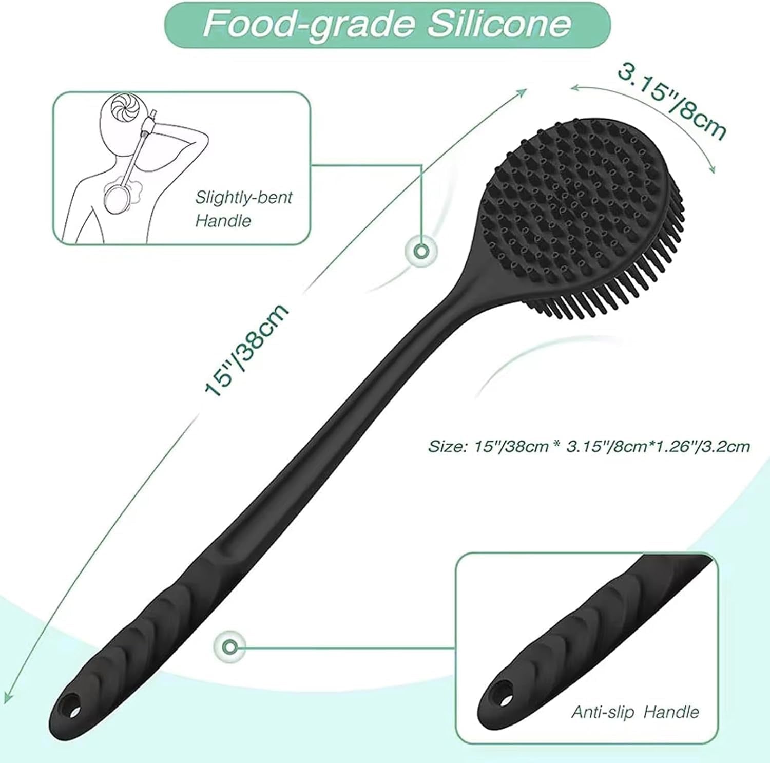 Silicone Back Scrubber for Shower 15In Long Handle Body Brush 2-Sided Exfoliating & Massage Brush Creates Rich Foam Long Handle Back Scrubber for Men and Women
