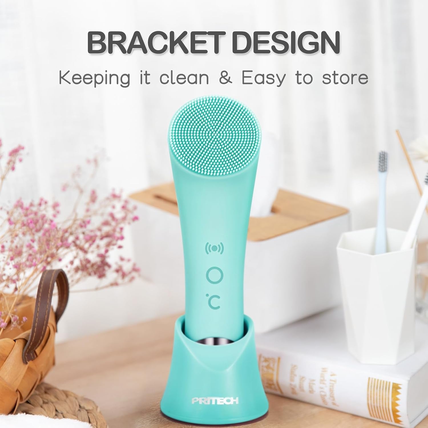 Silicone Face Scrubber, Rechargeable Facial Cleansing Brush with Heat Massage End, Vibrating Exfoliator Scrubber for Deep Cleaning, Waterproof Face Brush for Women and Men (Greenau)