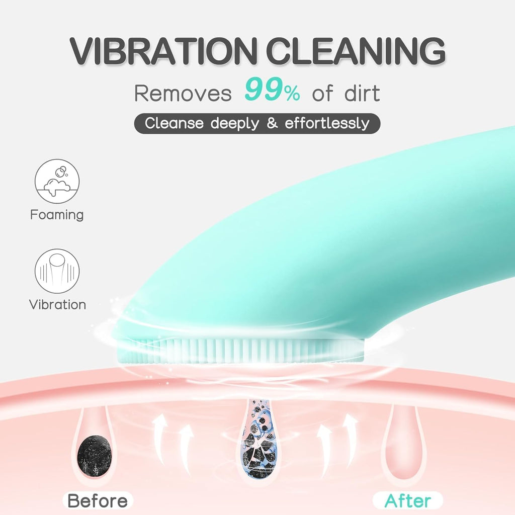 Silicone Face Scrubber, Rechargeable Facial Cleansing Brush with Heat Massage End, Vibrating Exfoliator Scrubber for Deep Cleaning, Waterproof Face Brush for Women and Men (Greenau)